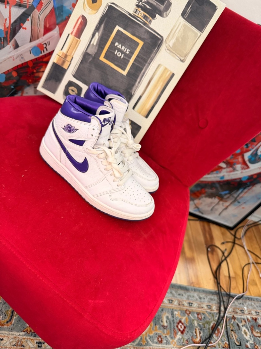 Jordan 1 Women’s High-Top Sneakers in White and Purple - Picture 4 of 4